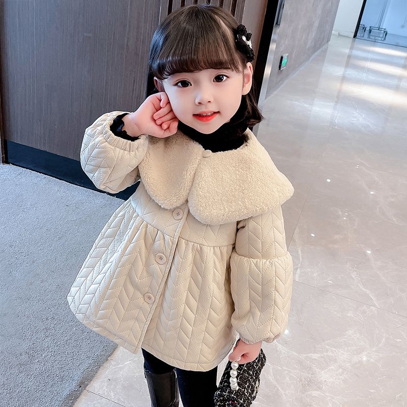 女童皮衣夹棉棉衣2023新款秋冬款加绒女宝宝洋气加棉加厚儿冬装
