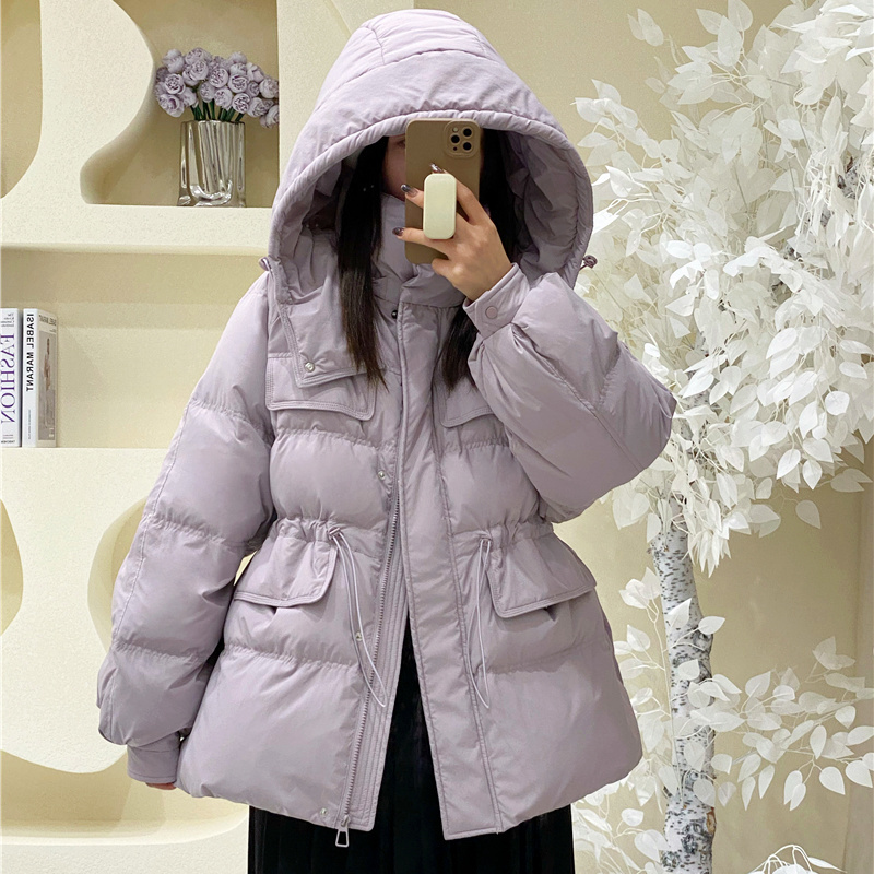 艾莱依羽绒服新款2023新款韩系芋泥紫收腰羽绒服女中长款冬装白鸭