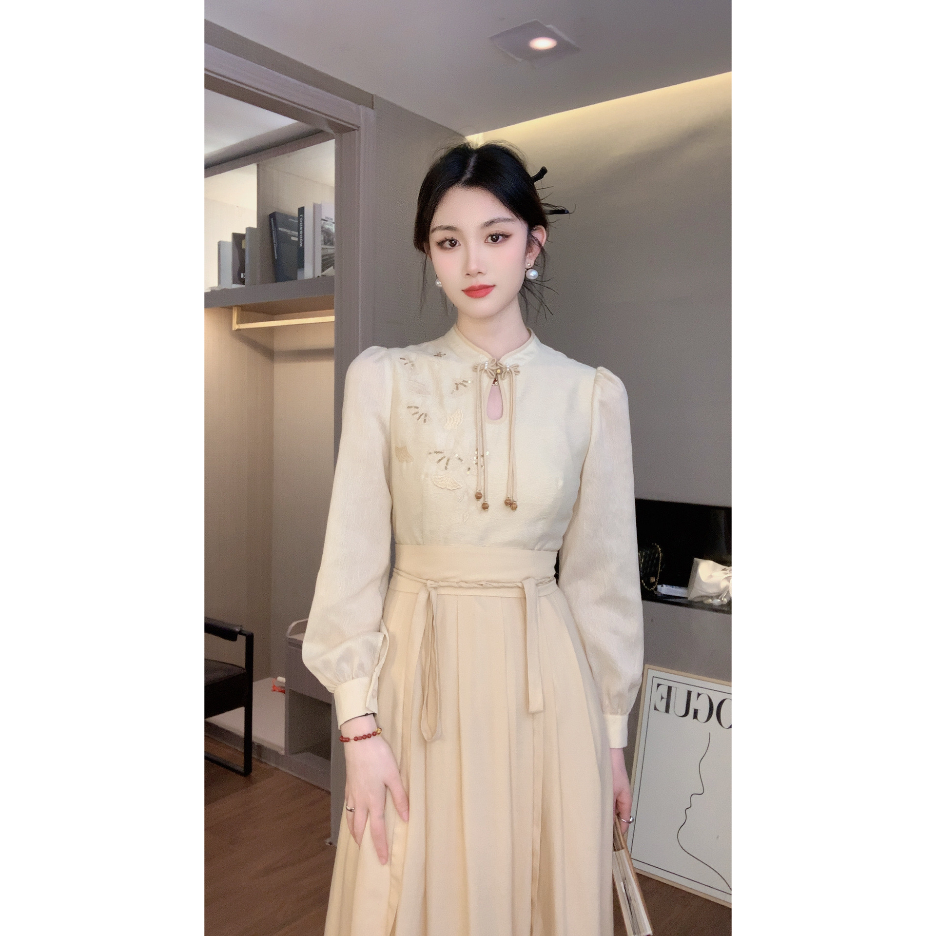 【琦琦&GERTC】江南烟雨新中式国风显瘦气质长袖连衣裙 GC241L1002