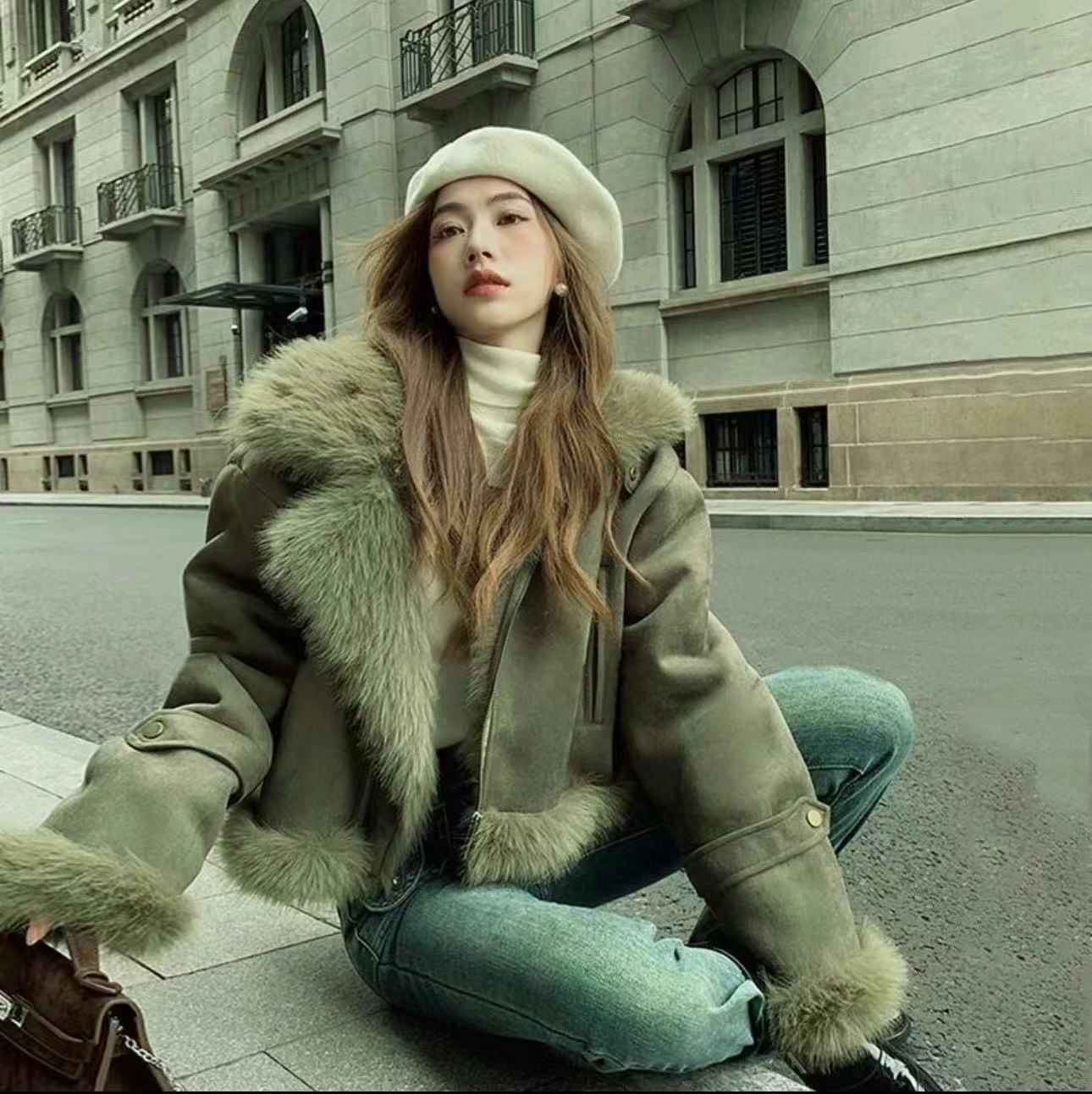 皮毛一体短款外套机车服女显瘦韩版休闲夹克冬季百搭时尚#9997