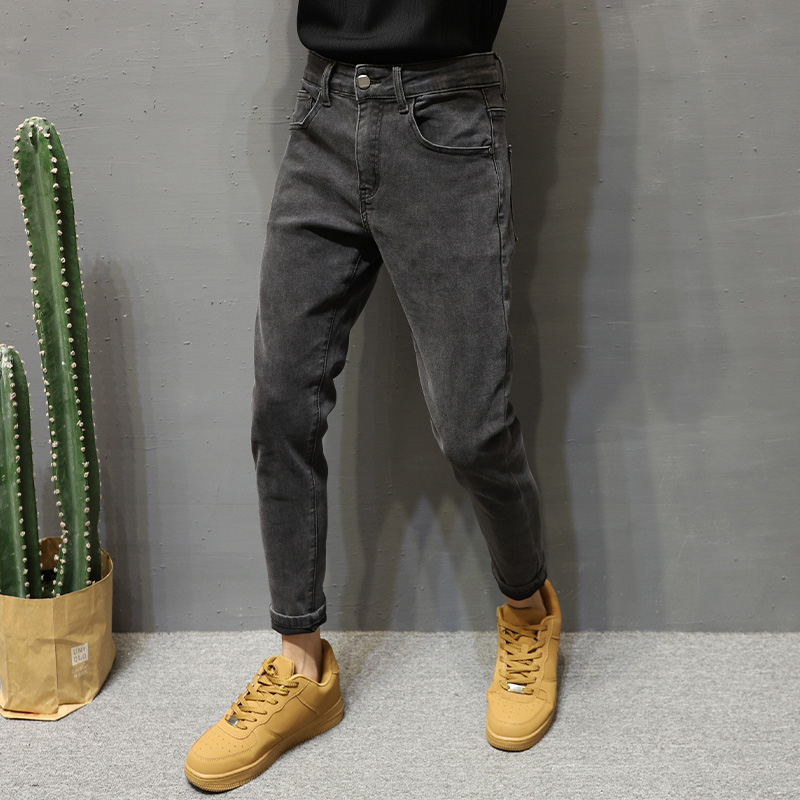 男士春夏高端黑灰牛仔裤简约休闲裤子新品百搭韩版九分修身小脚裤