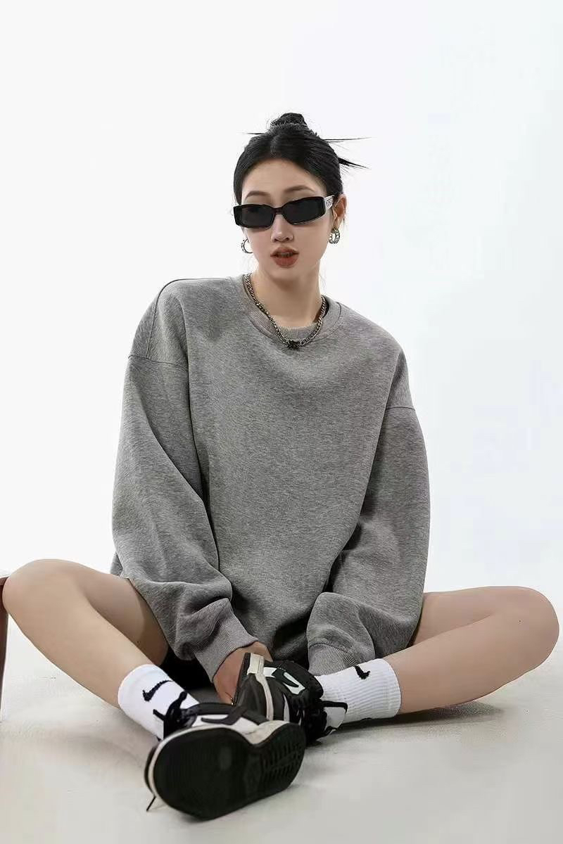 加绒加厚复古圆领灰色卫衣宽松慵懒风休闲百搭外套195