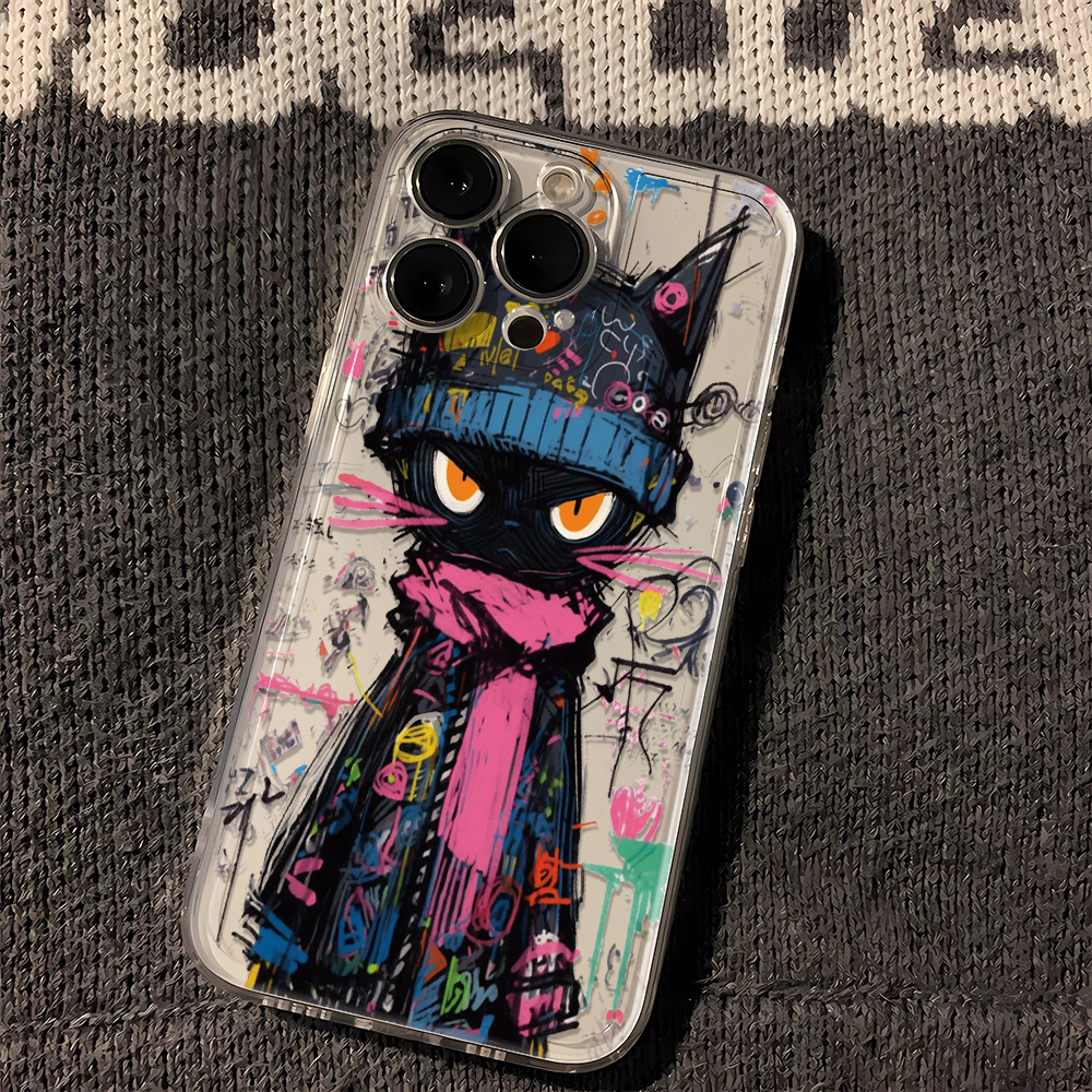 油画小黑猫苹果15手机壳iphone14promax高级13硅胶12透明11全包XS