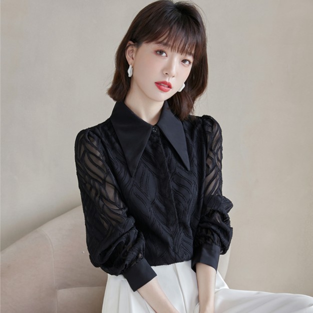 8921黑色Polo领衬衫女春季2024春季新款复古法式长袖早春上衣