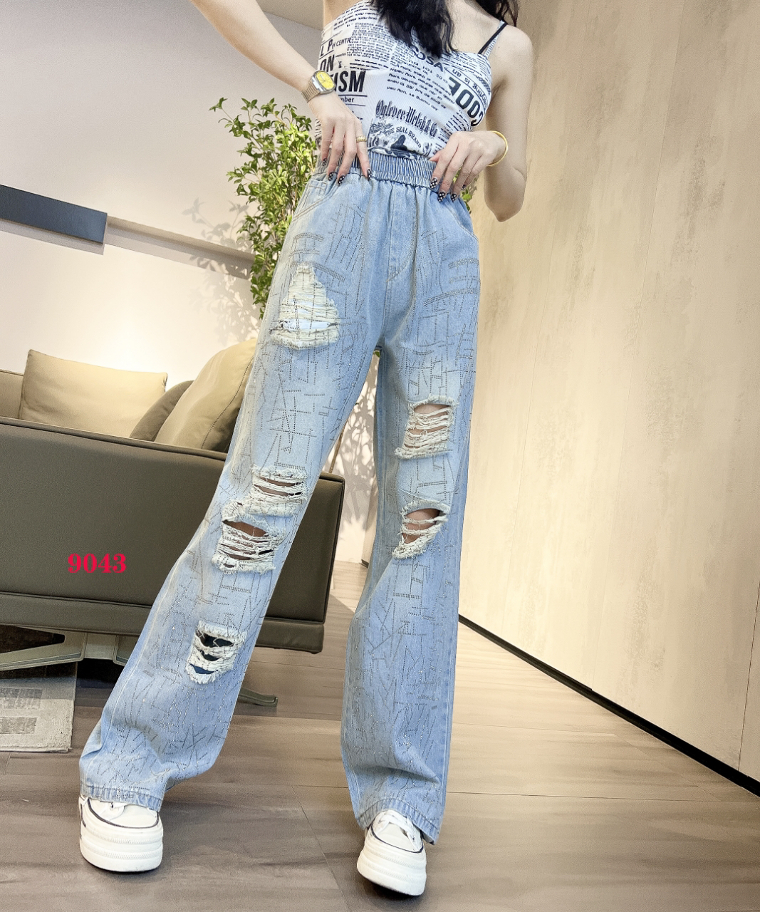 毛边牛仔裤高腰休闲长裤阔腿破洞设计感直筒