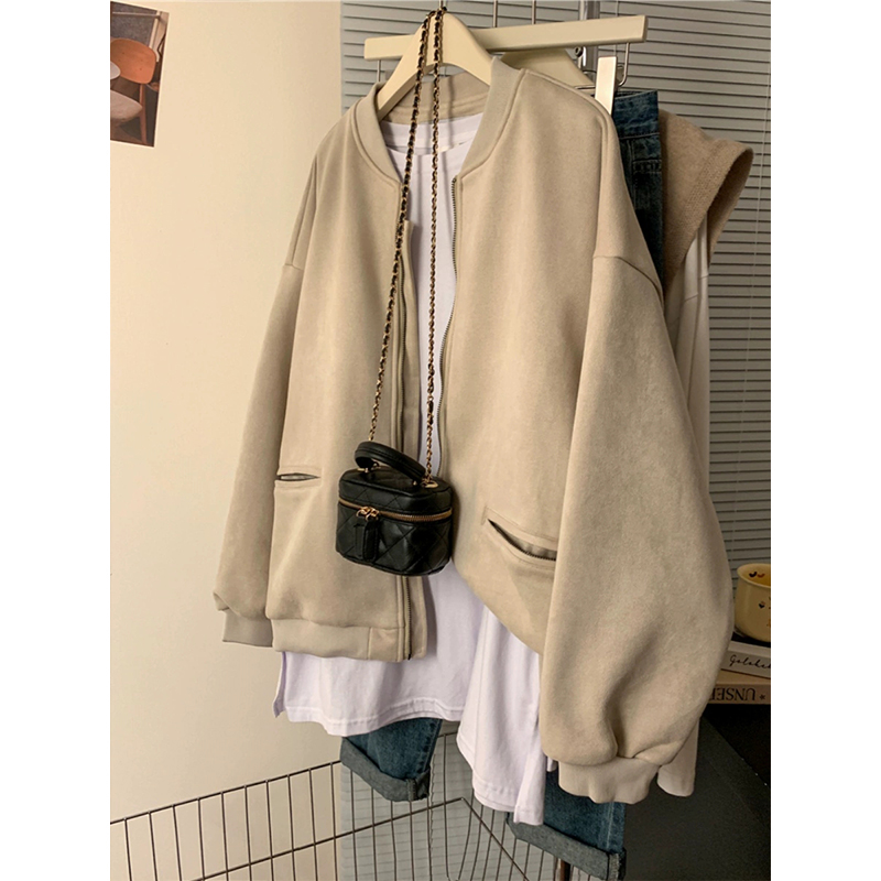 胖mm大码女装秋冬新款麂皮绒加厚加绒开衫卫衣外套棒球服夹克上衣