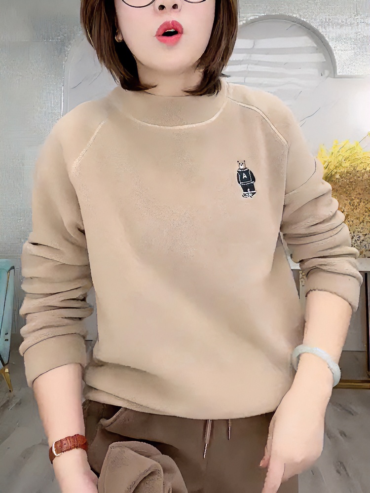 双面澳粒绒无帽圆领套头卫衣女刺绣一体绒抗寒保暖宽松高档上衣mm