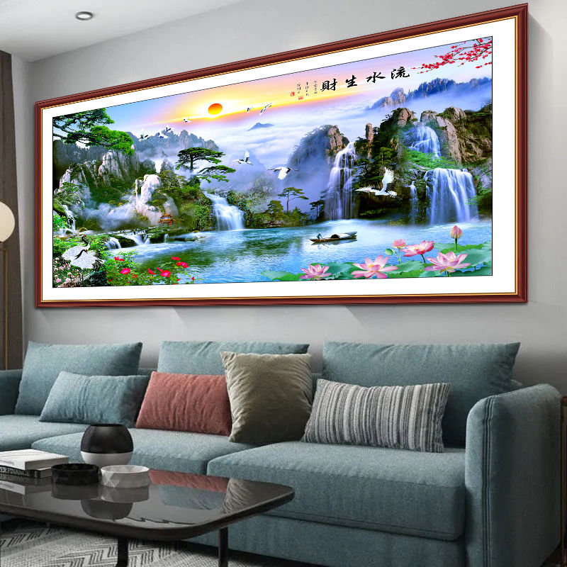 中式流水生财墙纸3D自粘装饰画客厅沙发背景卧室床头山水墙贴壁画