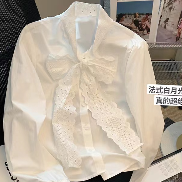大码刺绣韩版法式气质蝴蝶结白色衬衫女长袖内搭叠穿新国风上衣