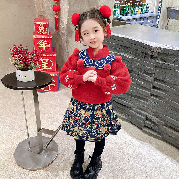 女童拜年服冬装2023新款宝宝周岁礼服儿童过年唐中国风马面裙套装