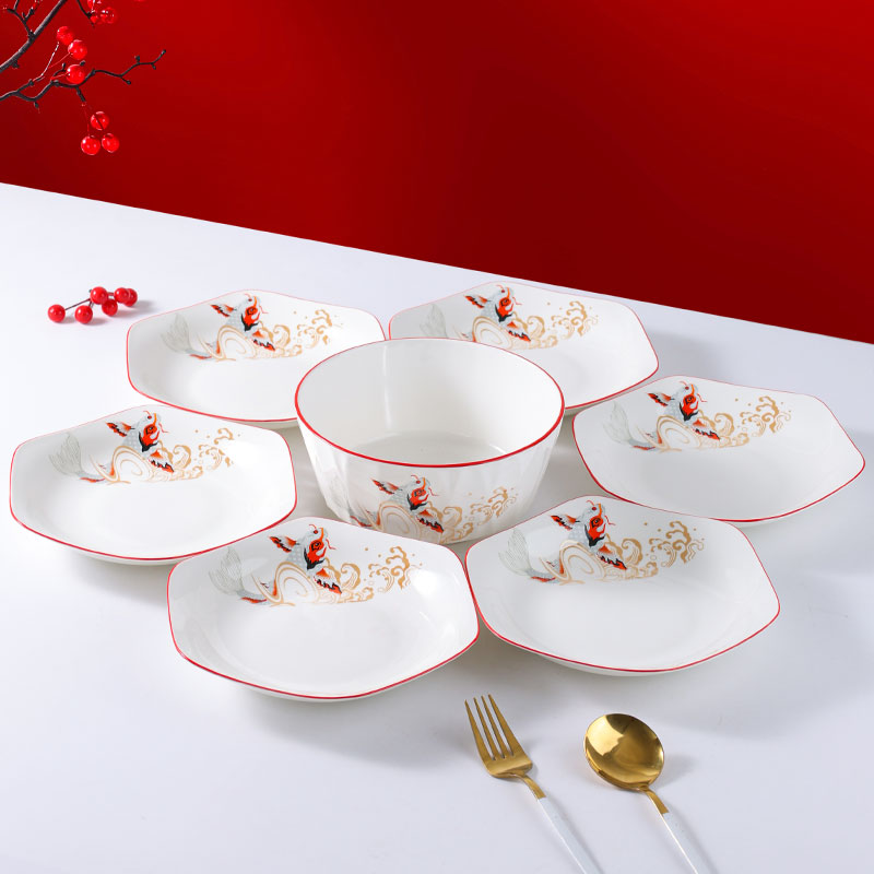 句途年年有余6个8英寸六角盘+1个汤碗新年家用团圆套装