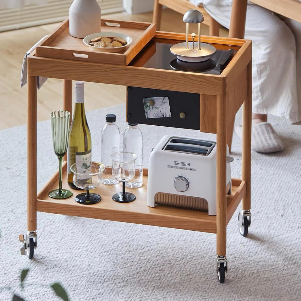 樱桃木北欧客厅创意家用储物边几小推车可移动落地双层置物简约