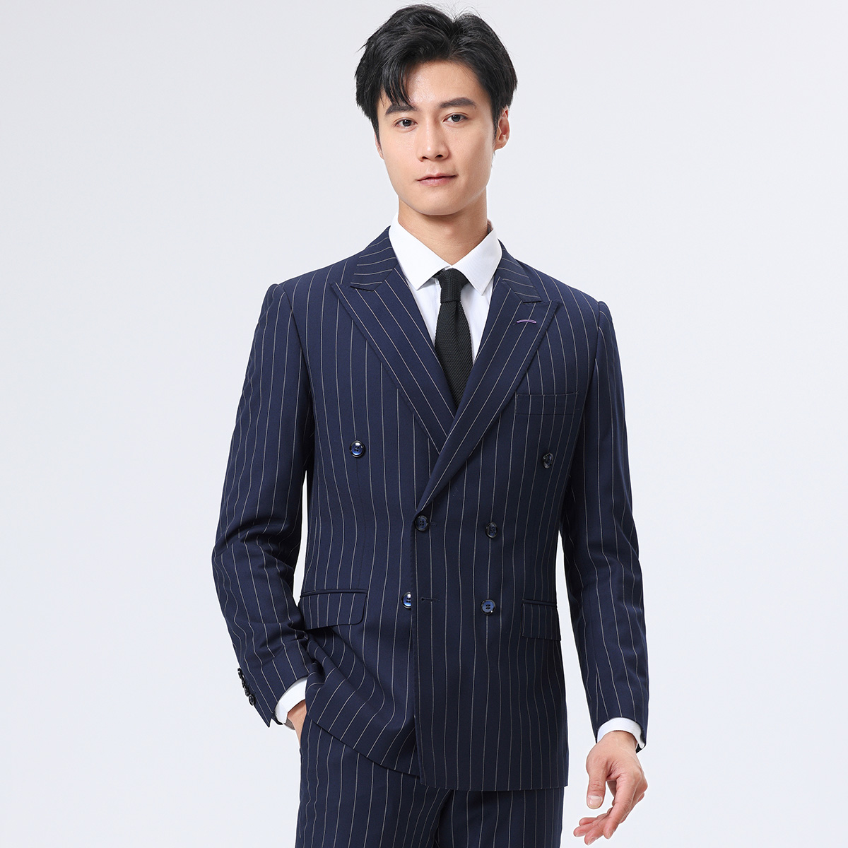 藏青条纹西装男时尚修身正装商务休闲装条纹男士西服外套【S16662】