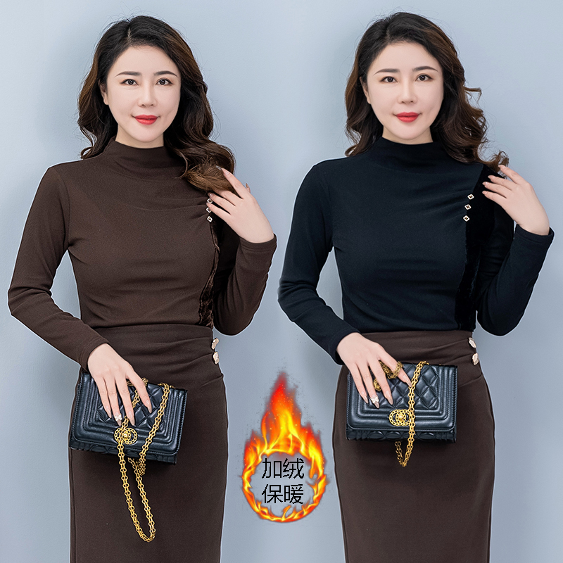 【鑫诗妮】半高领打底衫加绒加厚秋冬2023新款洋气减龄打底衫上衣女