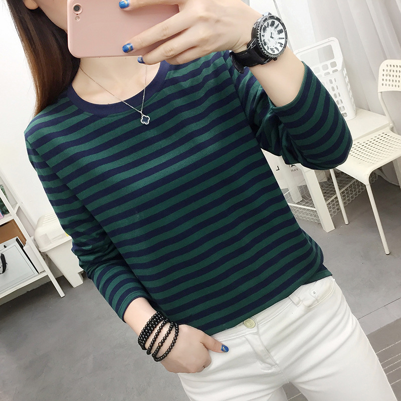 2025新款秋季大码宽松纯棉长袖t恤女条纹上衣内搭打底衫显瘦外穿