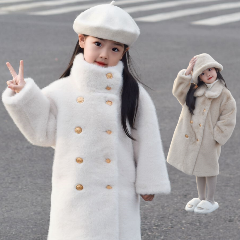 女童环保水貂毛毛外套大衣儿童加厚时尚保暖冬季中长款大衣宝宝