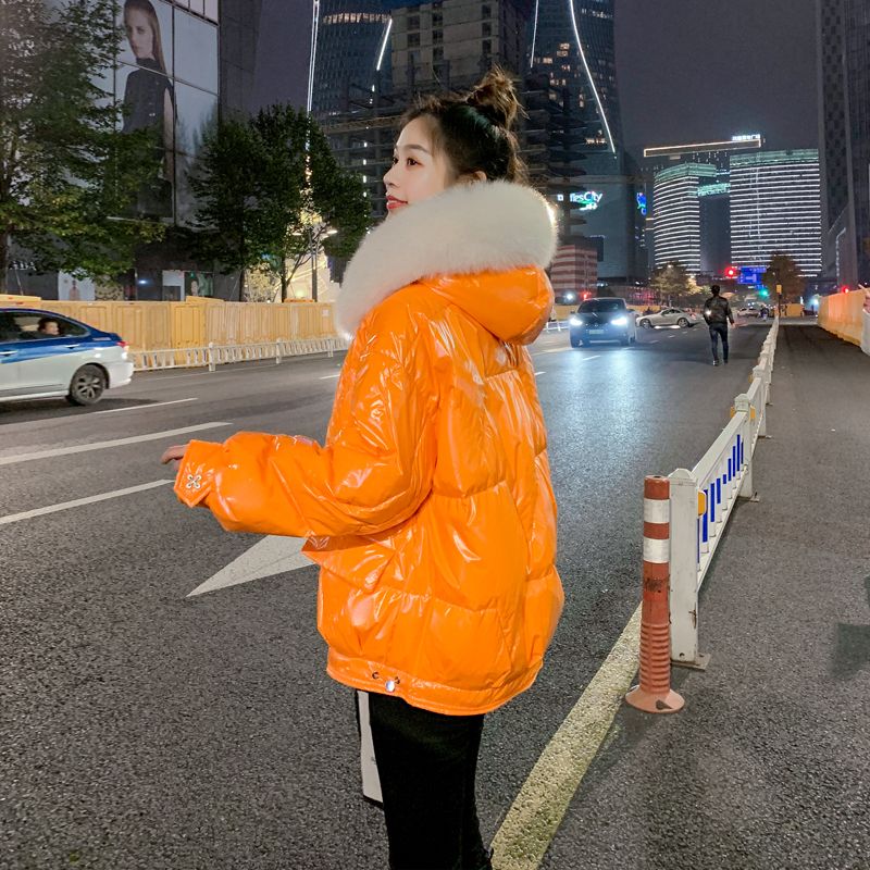 雅鹿亮面羽绒羽绒服女冬短款2023年新款韩版时尚茧型免洗桔色加厚