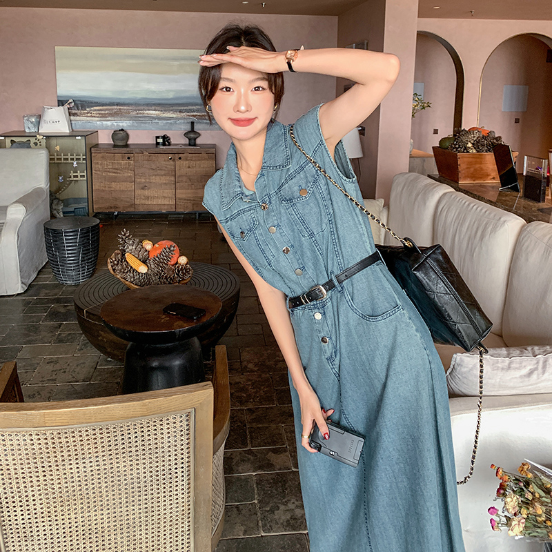 YIRAN/奕冉休闲牛仔连衣裙女2024夏季时尚减龄翻领过膝收腰裙子