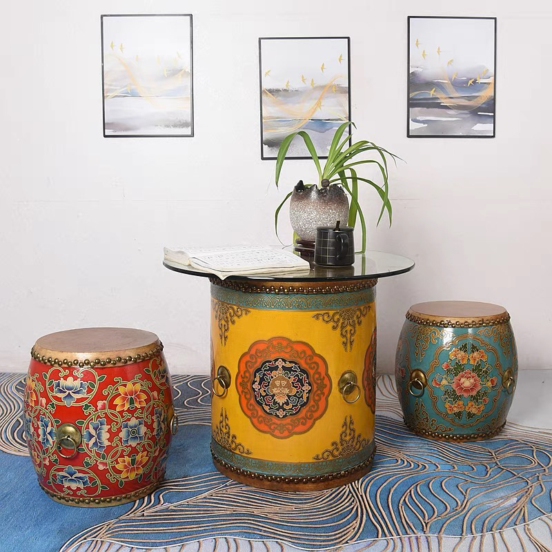 牛皮鼓凳鼓桌手绘民族风古典特色换鞋凳中式实木矮凳鼓桌茶几桌子