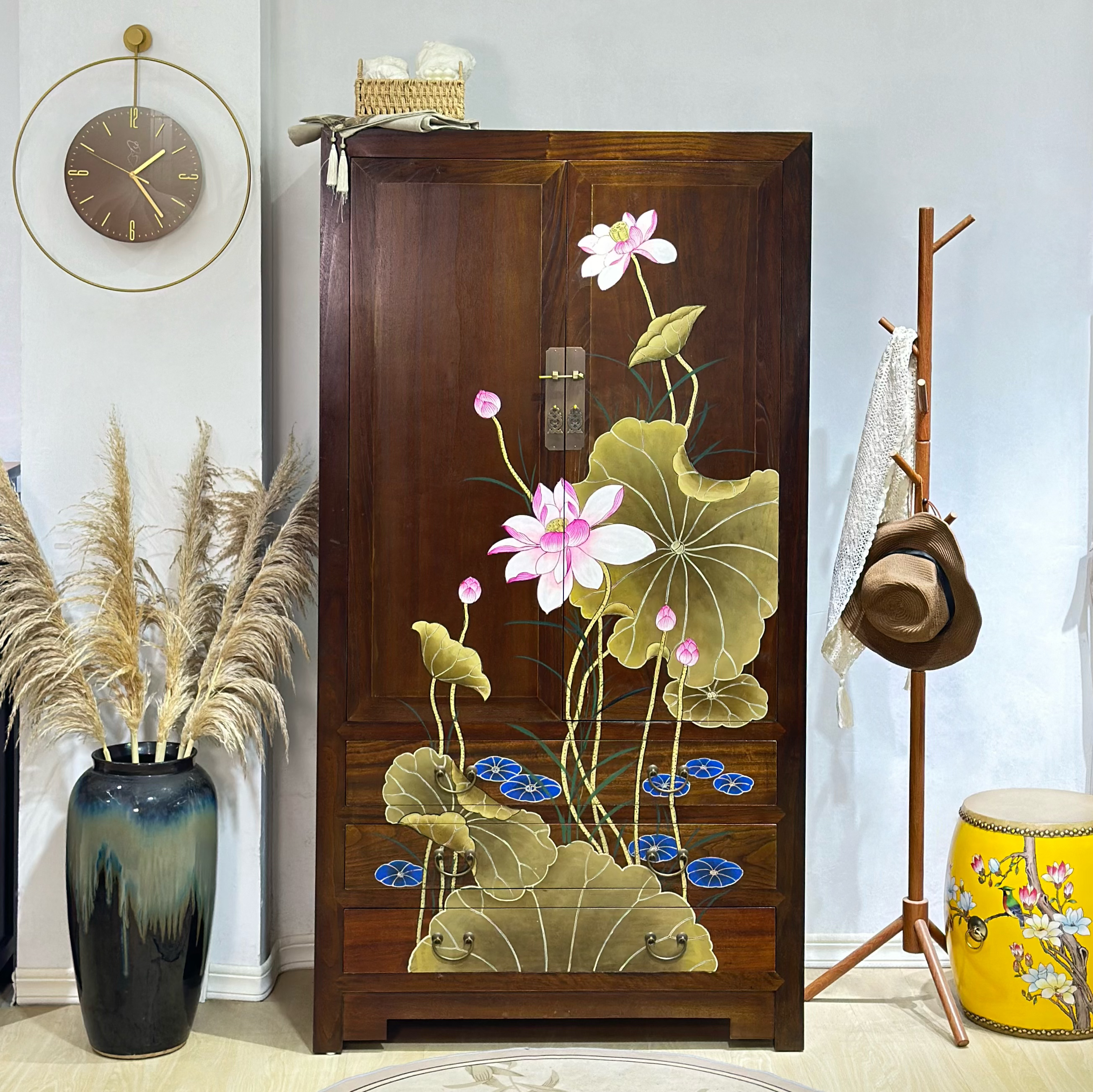 香樟木全实木大衣柜双开门三层卧室储物柜彩绘整装新中式衣橱