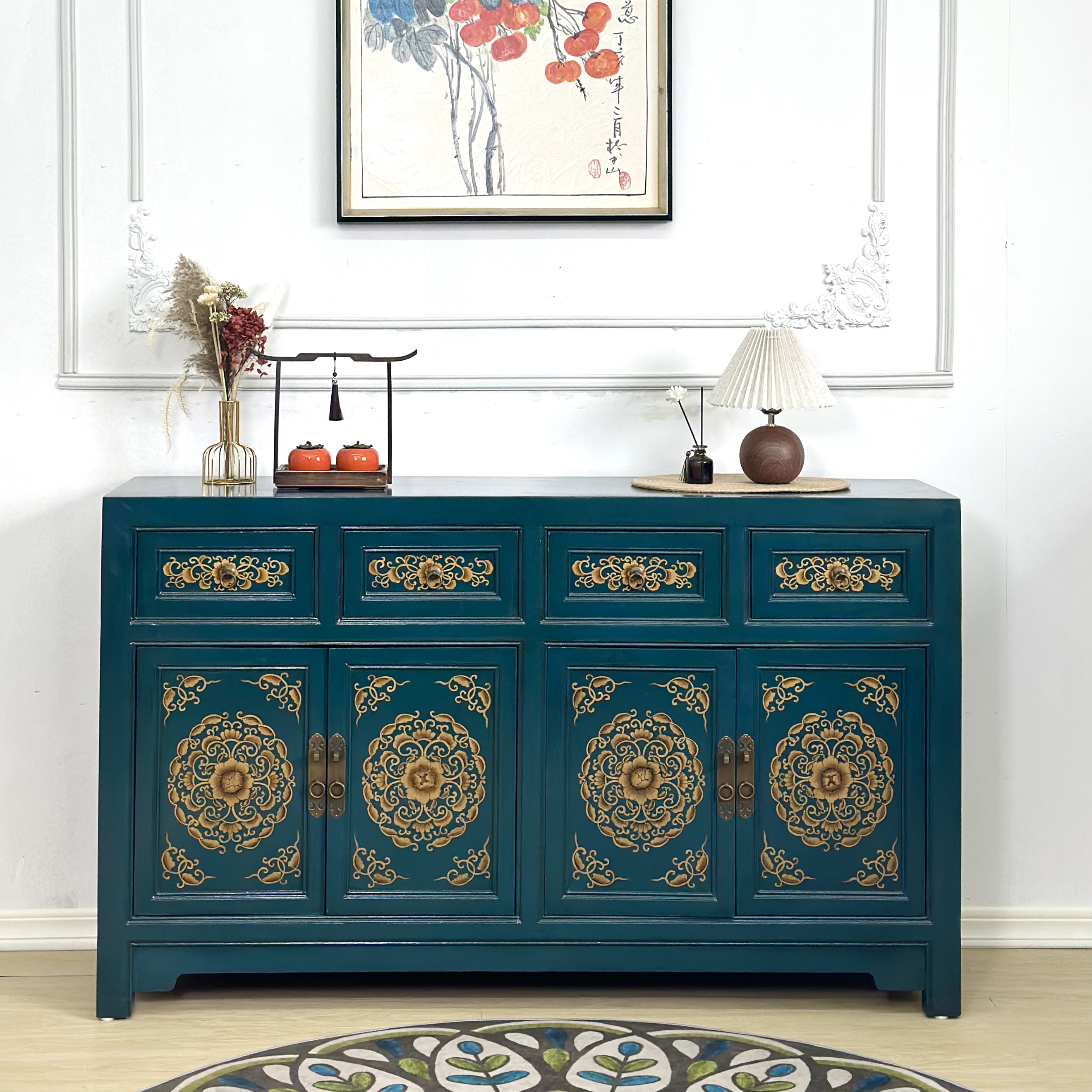 新中式彩绘描金玄关柜实木古典储物柜大尺寸收纳柜轻奢中式柜子