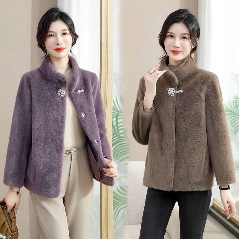 啄木鸟妈妈仿皮草外套女秋冬新款40岁50中老年冬装仿水貂绒皮毛一