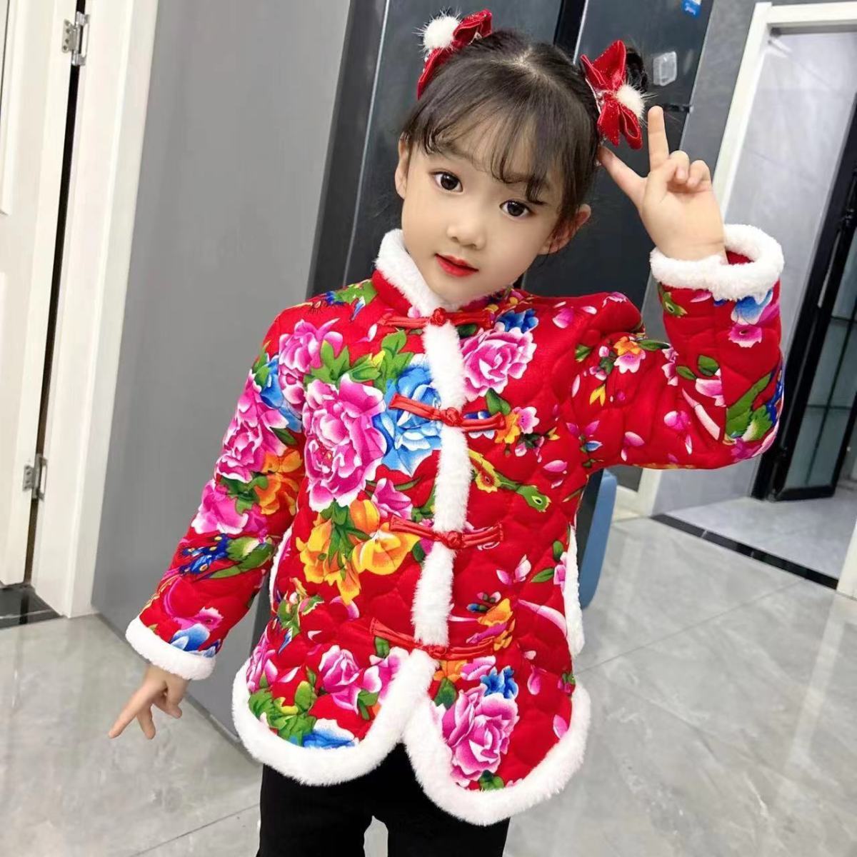 2023新款冬季中式加厚东北大花棉袄棉花女童儿童小花袄宝宝棉服男