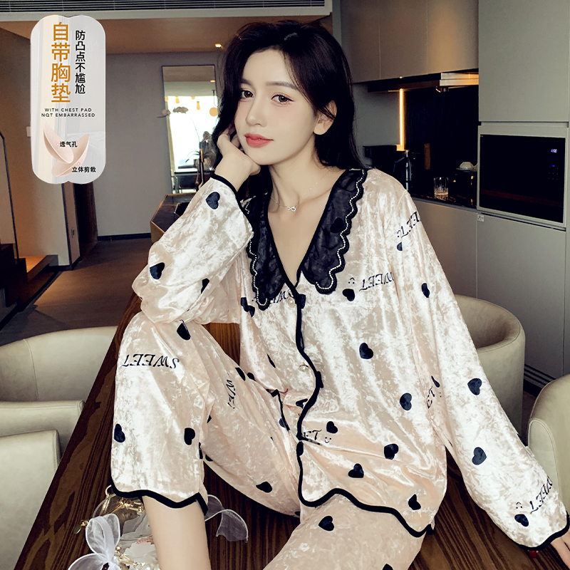 金丝绒睡衣女春秋冬款2024新款金钻绒长袖加胸垫家居服套装两件套