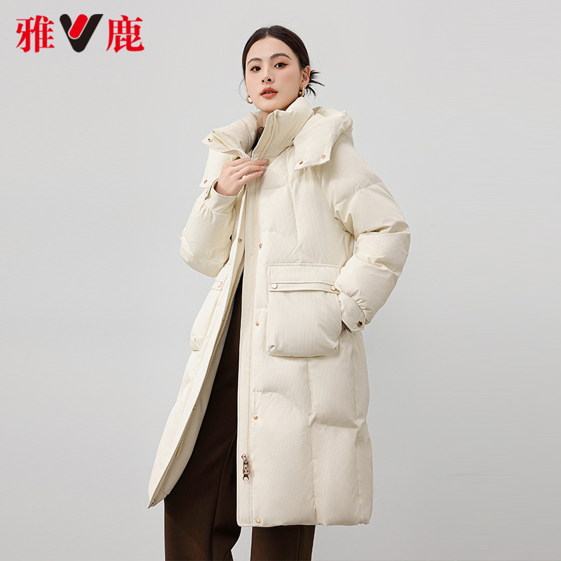 白色羽绒服女2024冬新款中长款可脱卸帽韩版时尚宽松保暖外套