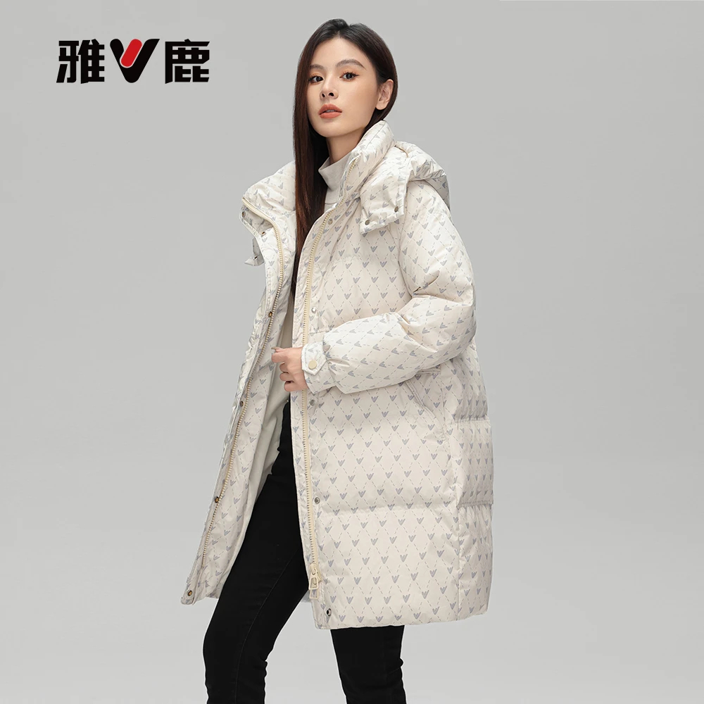 V/雅鹿加厚中长款90白鸭绒羽绒服时尚宽松冬季休闲外套印花女装