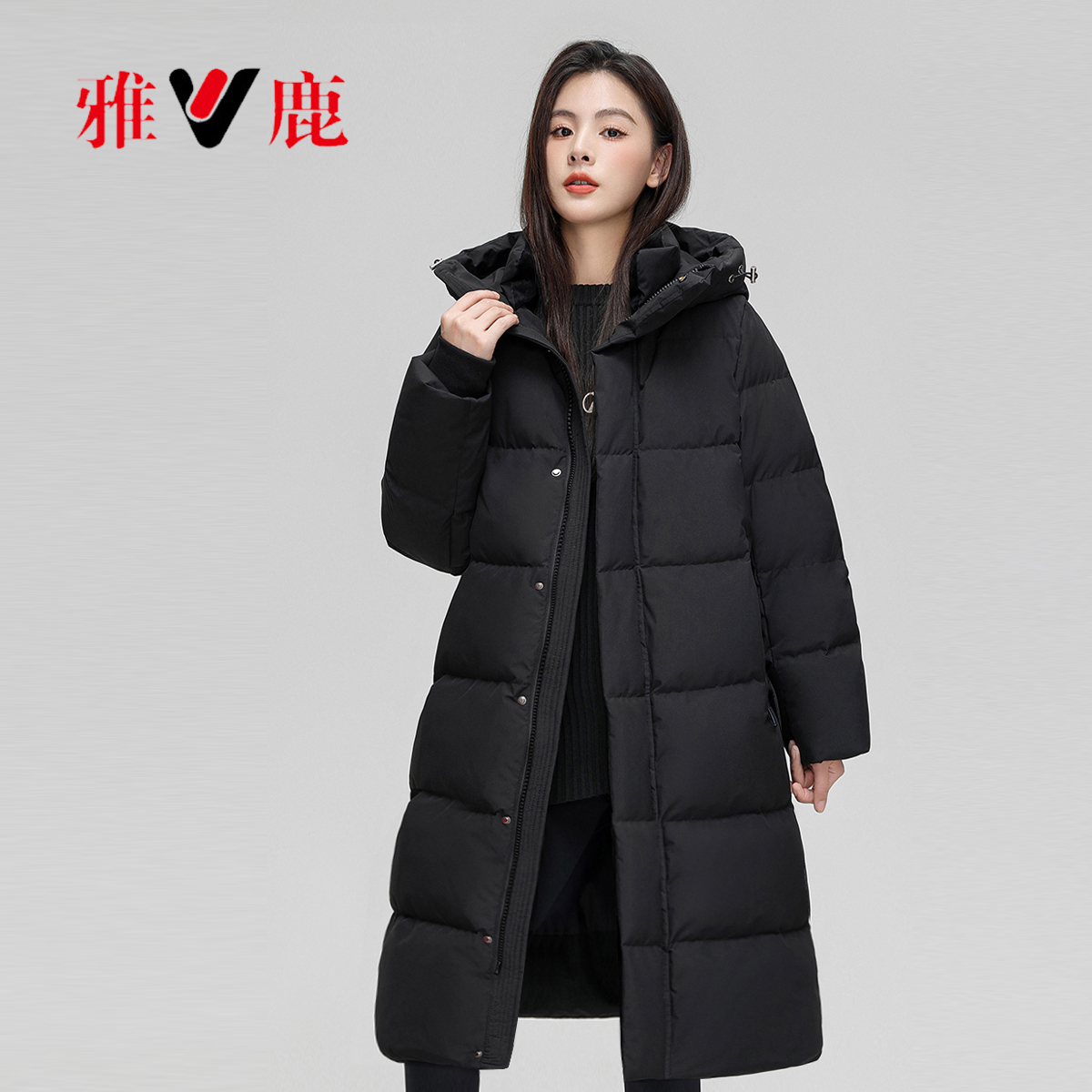 V/雅鹿女装长款羽绒服白鸭绒过膝保暖加厚连帽时尚短款羽绒服户外