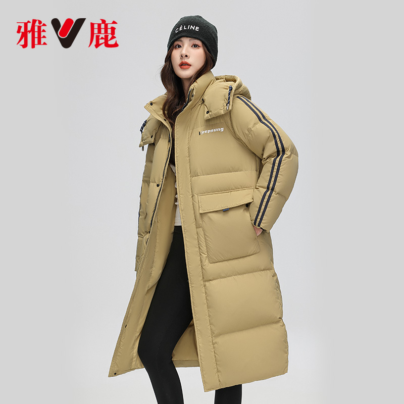 2023新款长款羽绒服女冬季拆卸连帽户外运动条纹拼接加厚外套