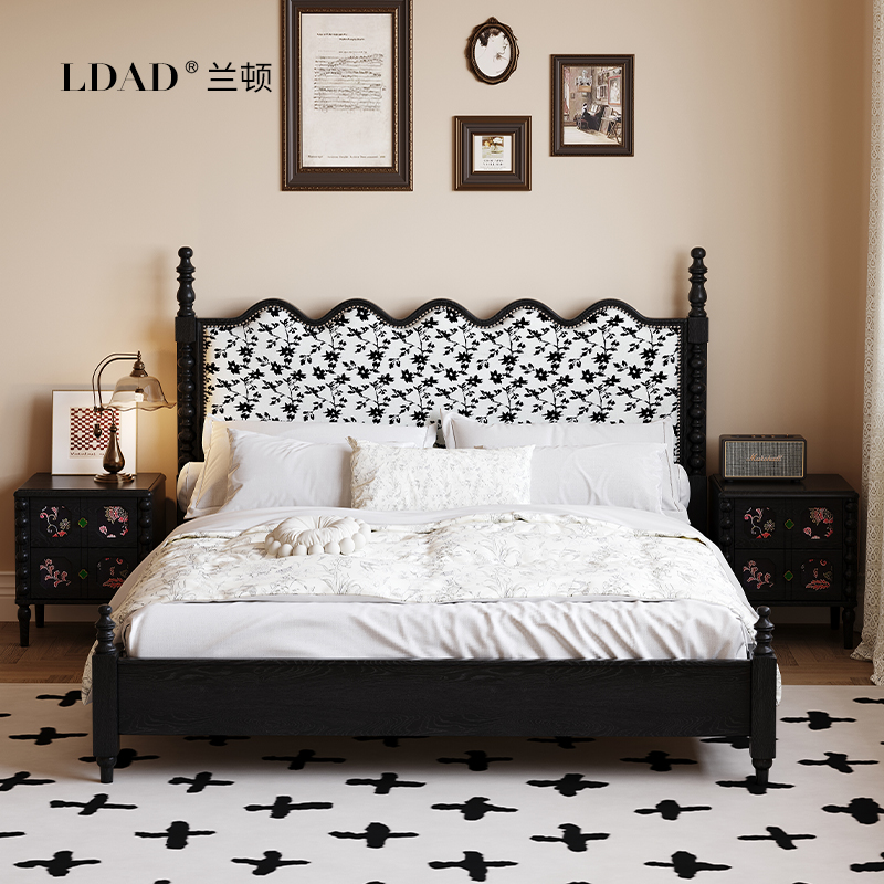 现代法式复古实木床家用主卧布艺床1.5米1.8米简约中古双人大床