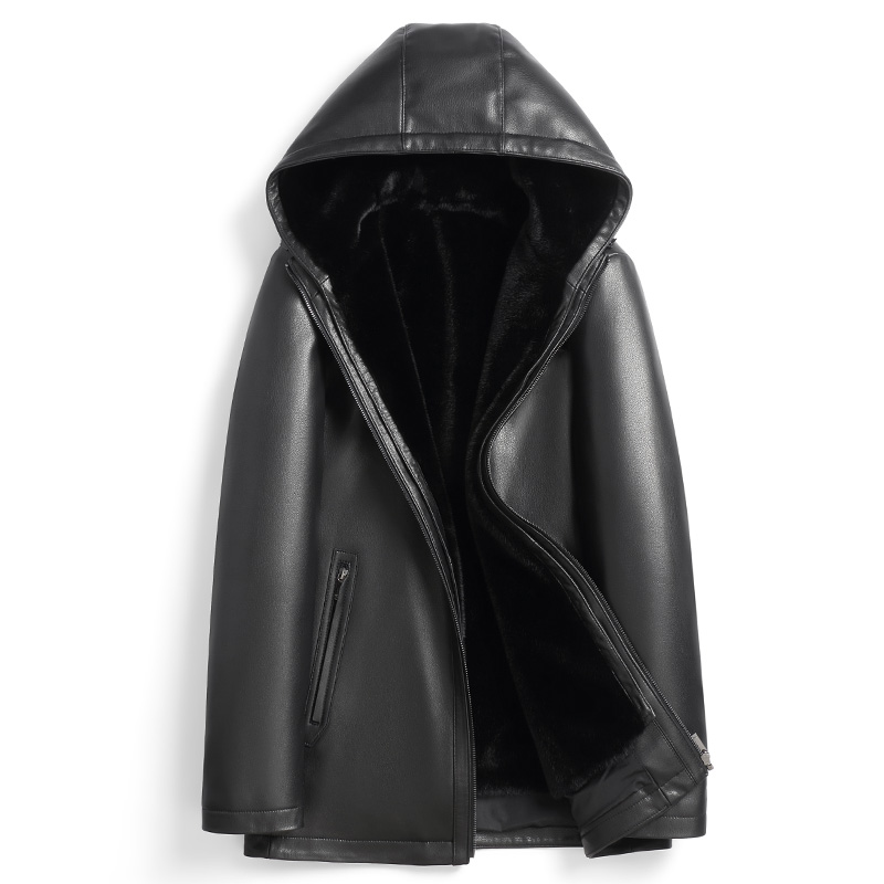 海宁男士秋冬新款可脱卸内胆连帽皮衣外套常规款真皮中长款XF