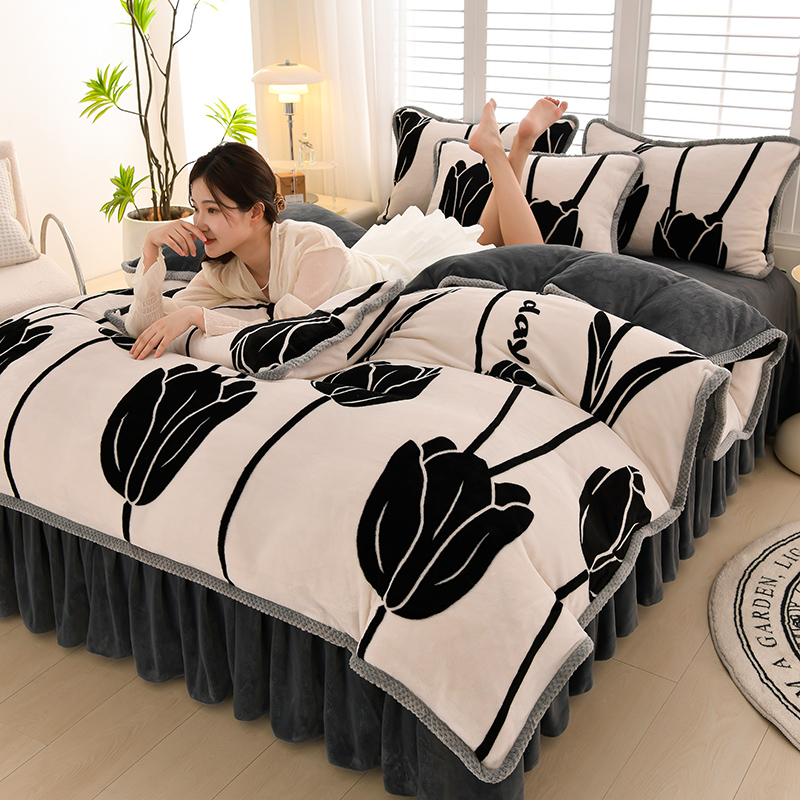 新款小清新ins风印花加厚8斤牛奶绒床裙四件套秋冬保暖绒套件QY