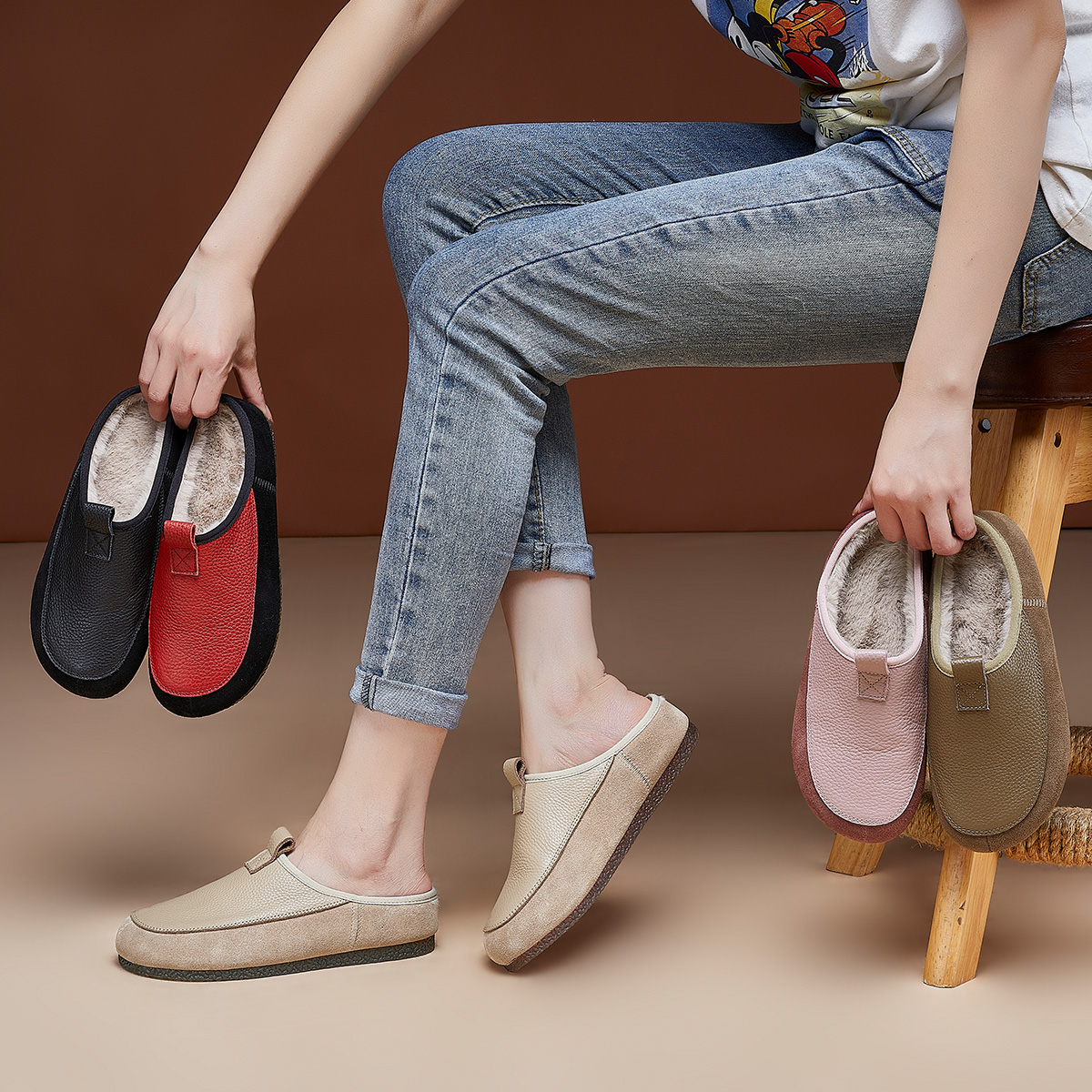 头层牛皮女单鞋2023秋冬时尚加毛半拖轻便防滑敲软敲舒适单鞋