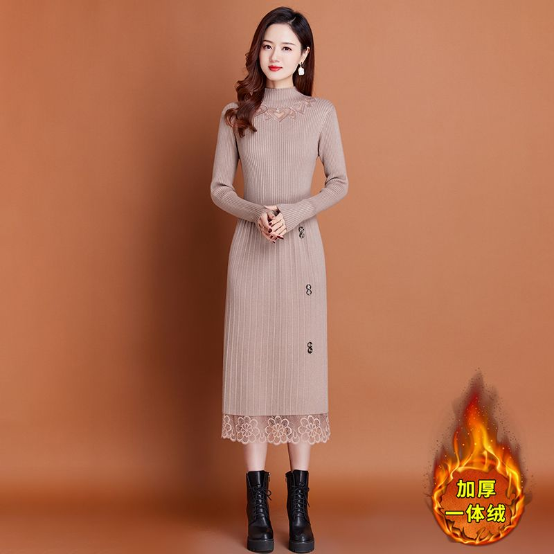 秋冬新款保暖一体绒加绒加厚长袖过膝套头长款内搭毛衣时尚连衣裙
