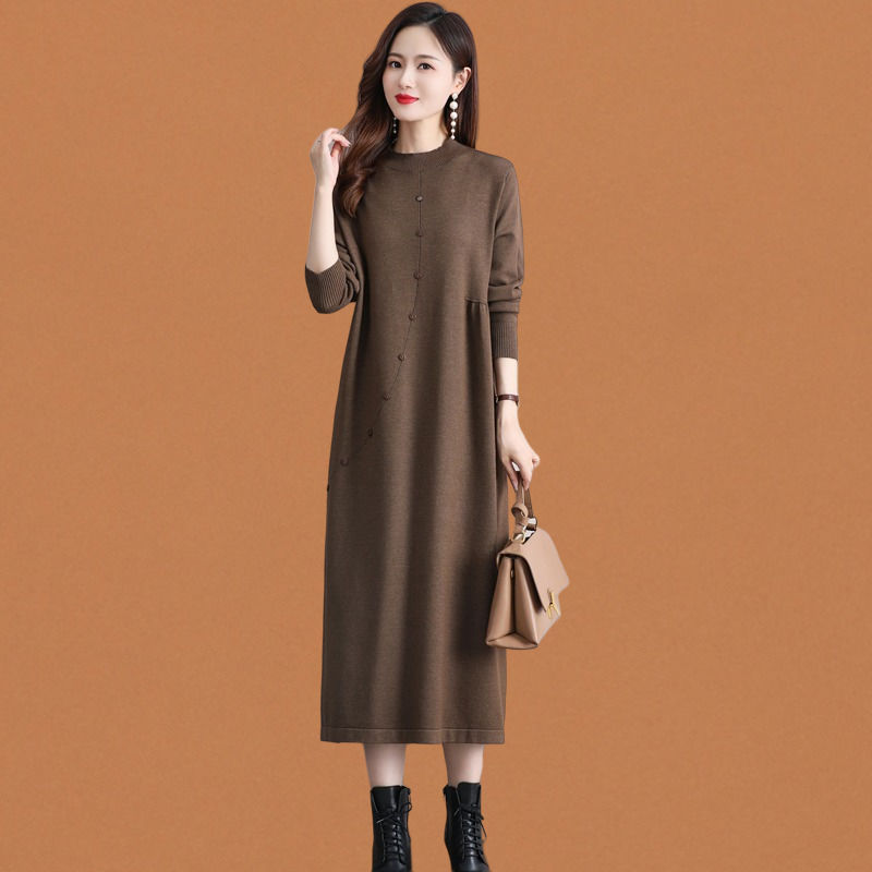 新款春秋针织宽松连衣裙洋气妈妈大码过膝长款打底裙气质长袖优雅