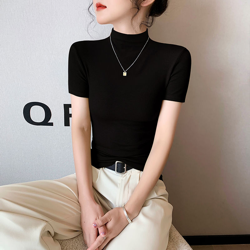 黑色螺纹半高领短袖t恤女夏季新款老钱风网红爆款修身韩系ins上衣