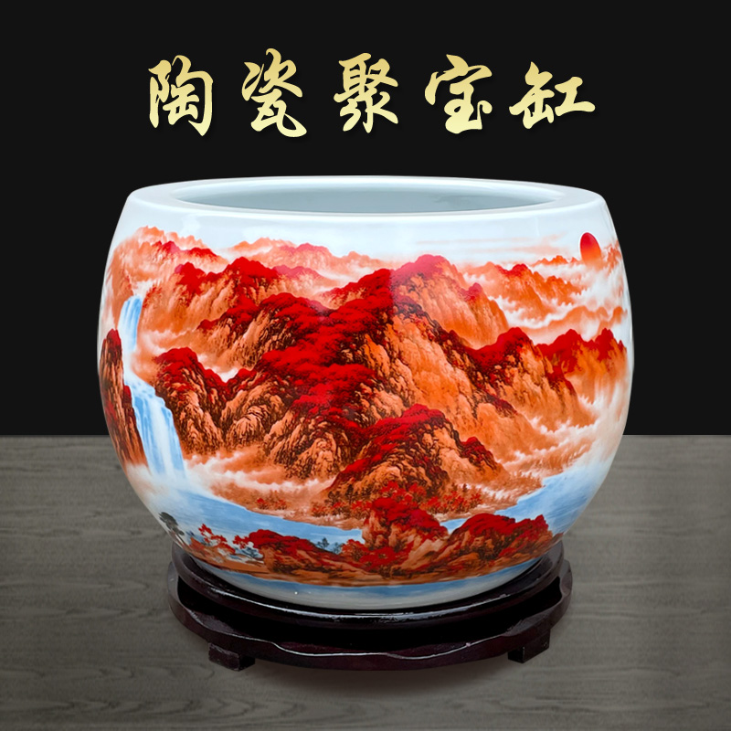 景德镇陶瓷器手绘鸿运当头聚宝盆摆件客厅玄关装饰品养金鱼养龟缸