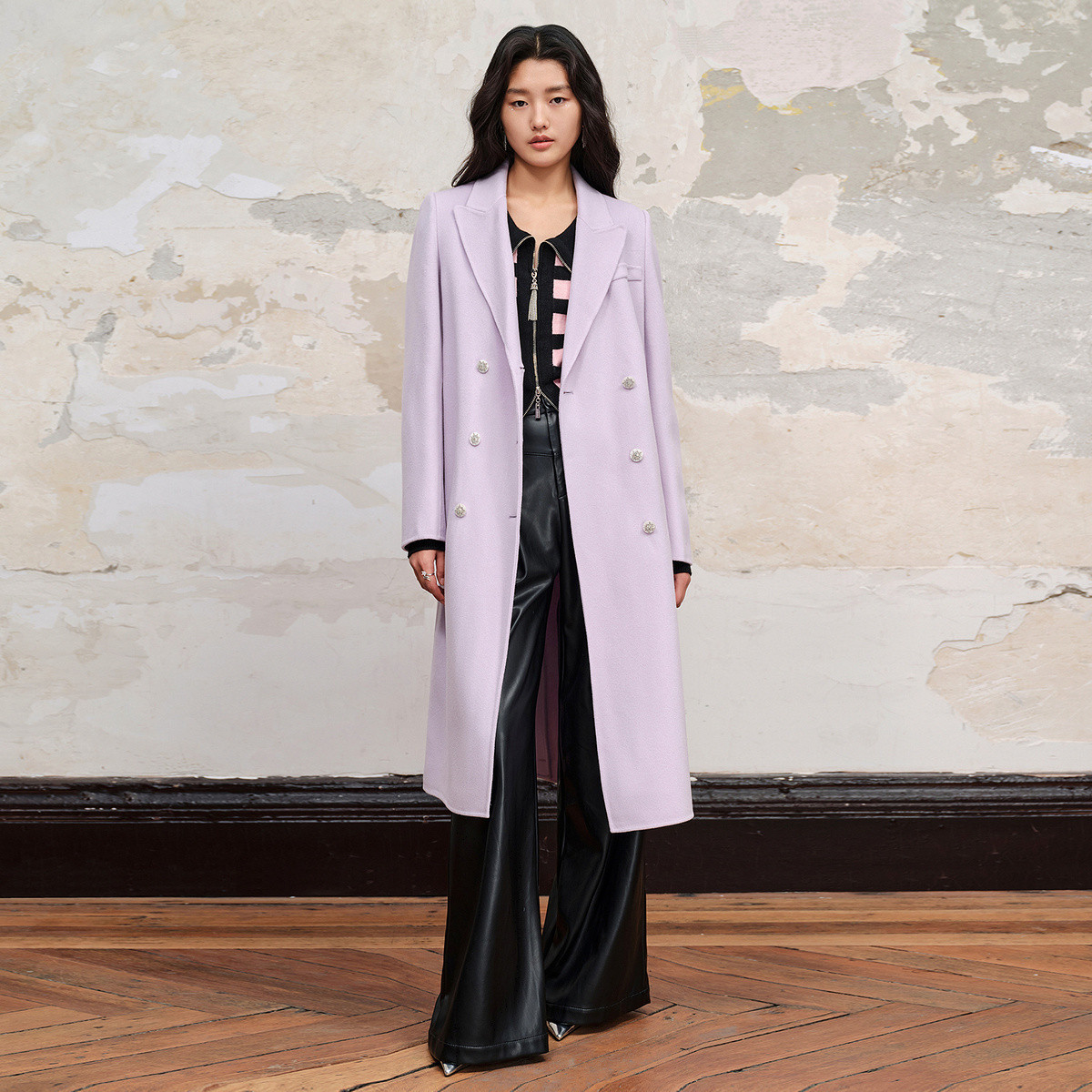 MAXRIENY极简垂坠感直身绵羊毛双面呢大衣长款过膝毛呢外套羊绒