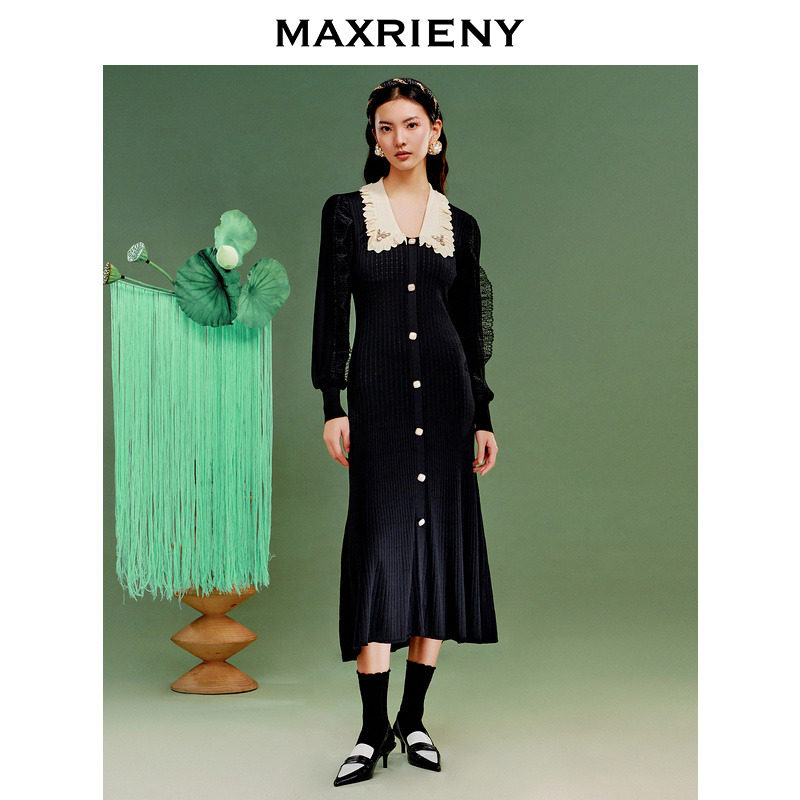 MAXRIENY法式复古连衣裙春季针织裙荷叶v领鱼尾裙