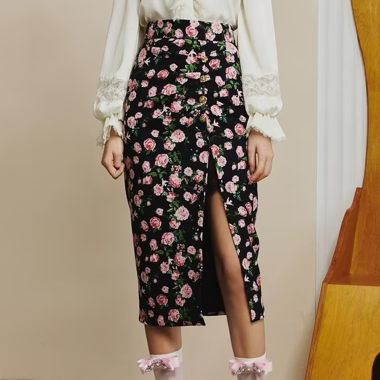 【商场同款】MAXRIENY玫瑰印花高腰开叉包臀半裙复古优雅裙子女