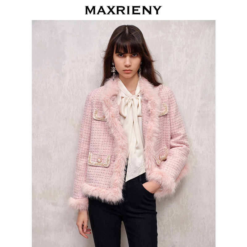 MAXRIENY【防寒】MAXRIENY秋热力感气质轻羽绒服复古毛呢小香风轻奢