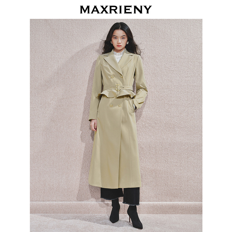 MAXRIENY精致气质感荷叶边腰带风衣2024秋冬新款中长款外套女
