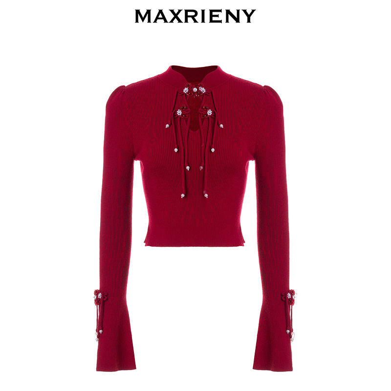MAXRIENY新年红国风针织复古水晶扣套头毛衫修身上衣