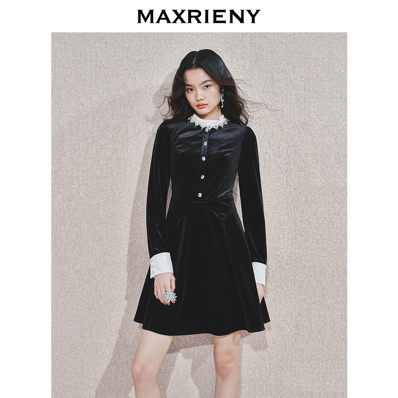 MAXRIENY法式复古感收腰丝绒连衣裙24冬赫本风小黑裙约会宴会礼裙