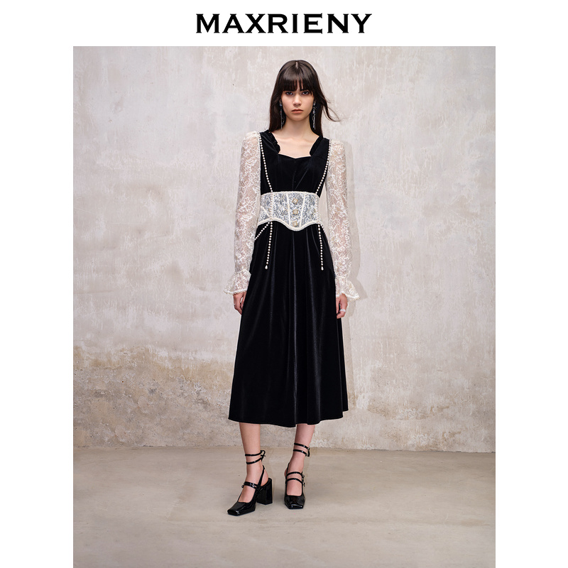 MAXRIENY法式宫廷复古风拼接蕾丝丝绒轻奢连衣裙显瘦