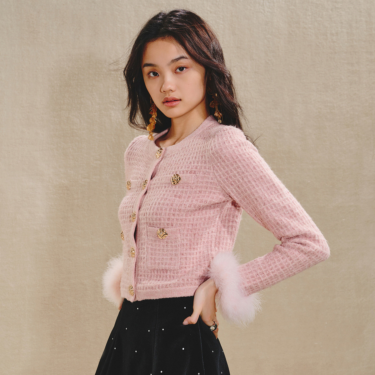 MAXRIENY小香风贵雅浪漫风针织外套秋冬羽毛装饰格子上衣