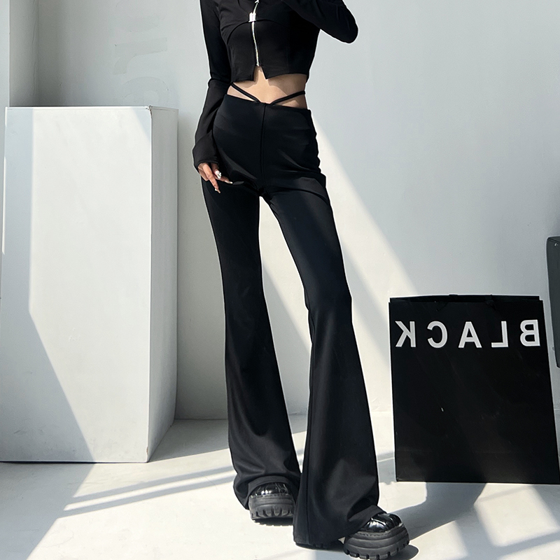 春夏高腰黑色显瘦休闲斜挂腰带辣妹裤百搭神裤修身微喇微弹西装裤